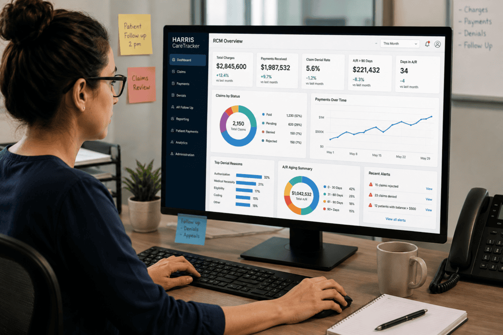 A biller at a monitor, mid task, with a visible dashboard.